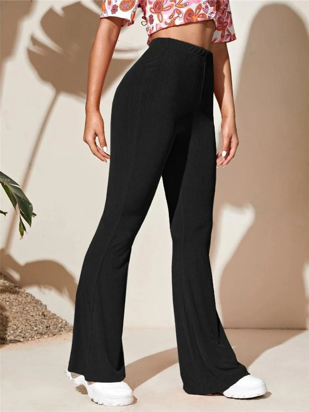 Black Ribbed knit high-waist flare pants with stretch