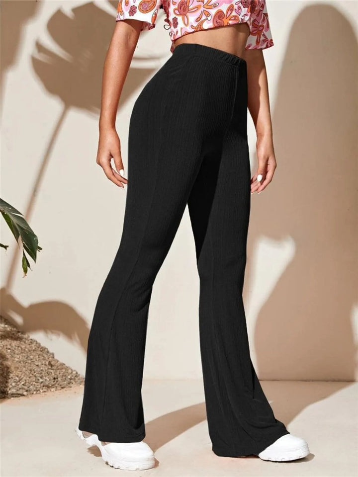 Black Ribbed knit high-waist flare pants with stretch