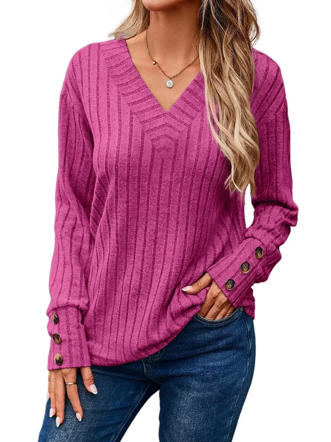 Fuchsia Pink Ribbed knit V-neck top with buttoned cuffs