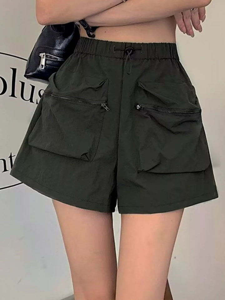 Army Green High-rise cargo shorts with zip pockets and drawstring waist