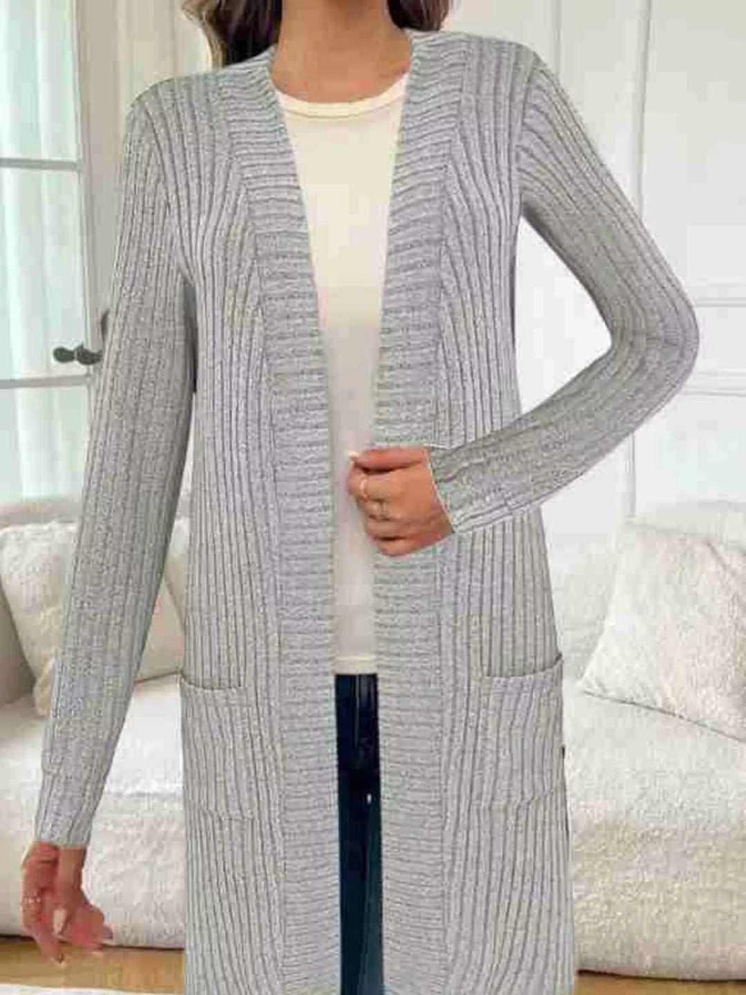 Ribbed knit open-front longline cardigan with pockets