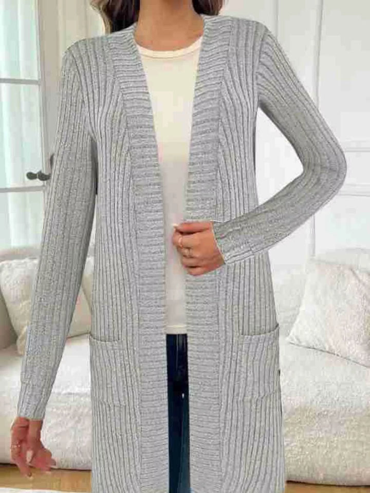 Ribbed knit open-front longline cardigan with pockets