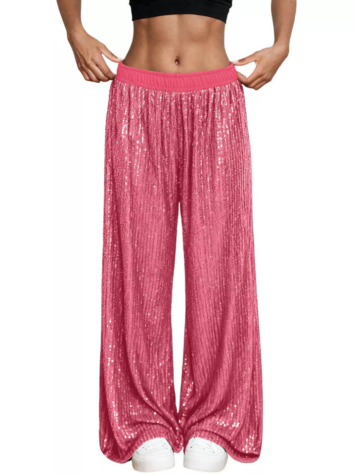 All-over sequin wide-leg pants with elastic waist