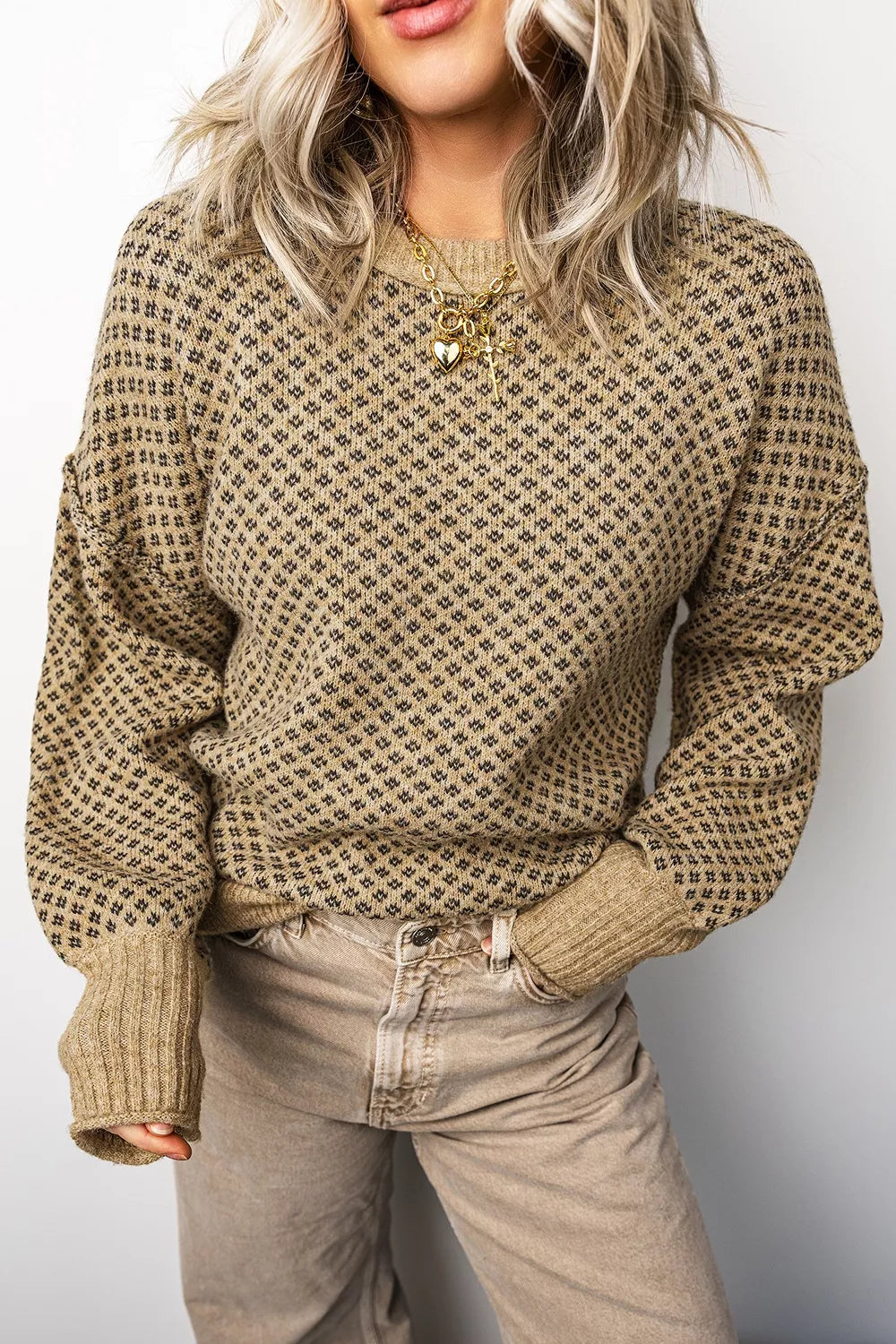 Geometric dot knit drop shoulder crew neck sweater