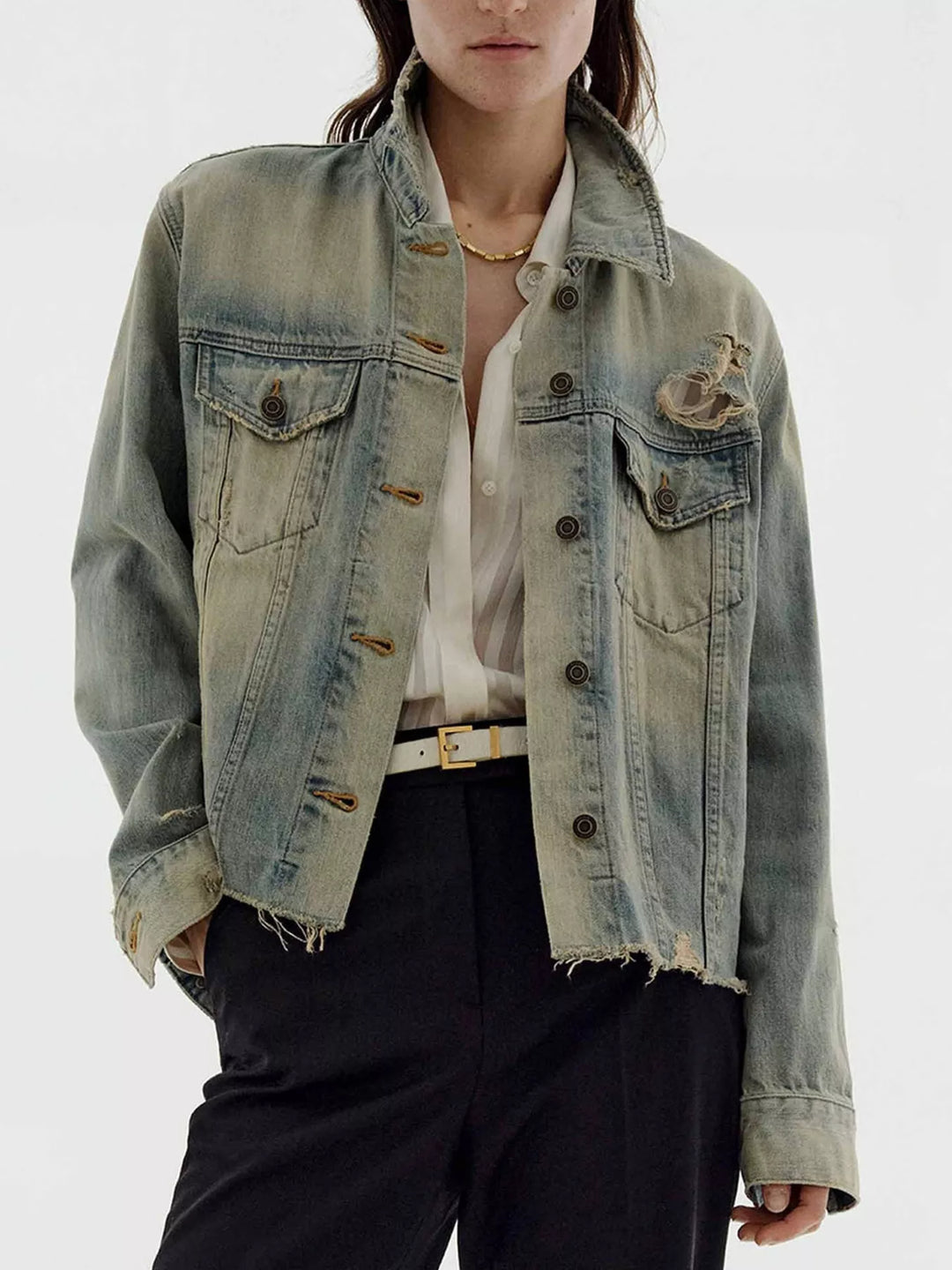 Distressed vintage wash denim jacket with raw hem