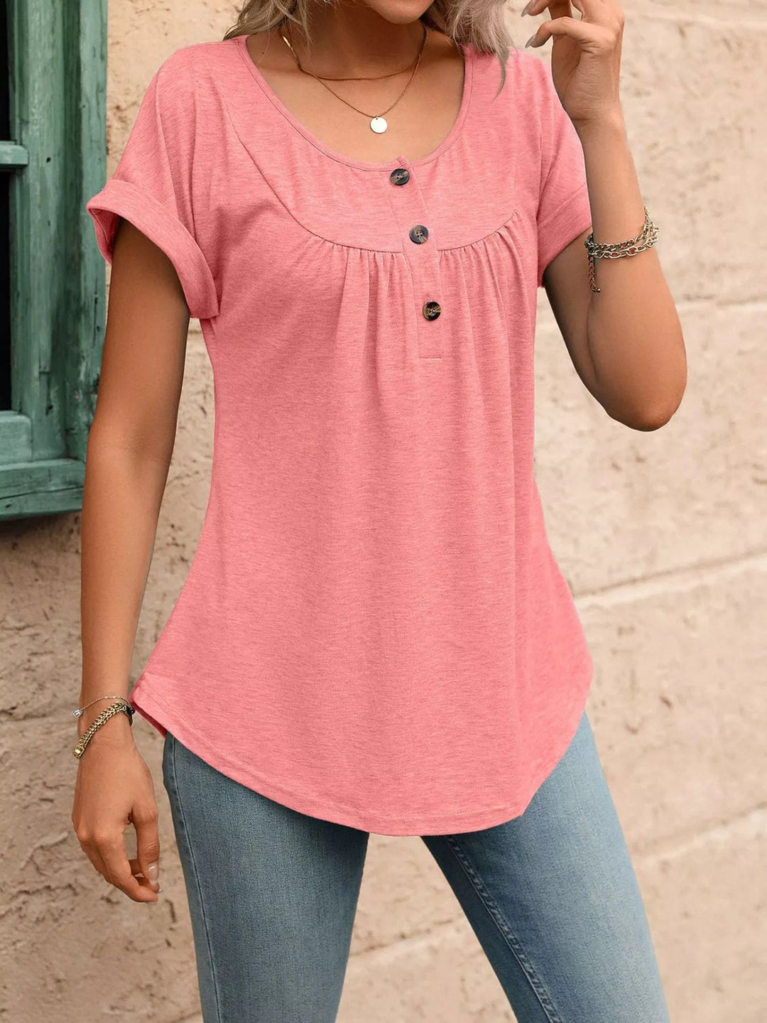 Ruched button-placket henley top with cap sleeves