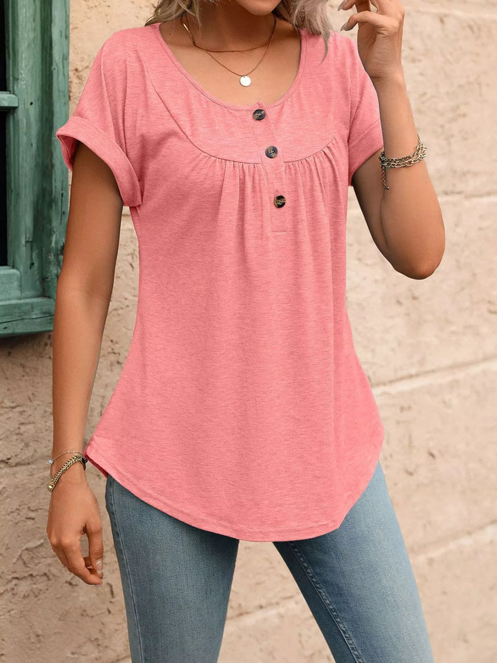 Ruched button-placket henley top with cap sleeves