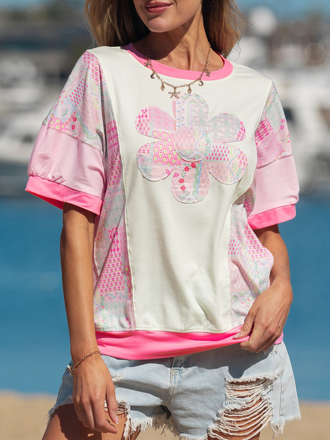 Floral patchwork crew-neck top with flower appliqué