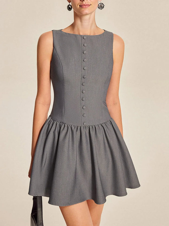 Gray Boat neck sleeveless button-front drop-waist mini dress
