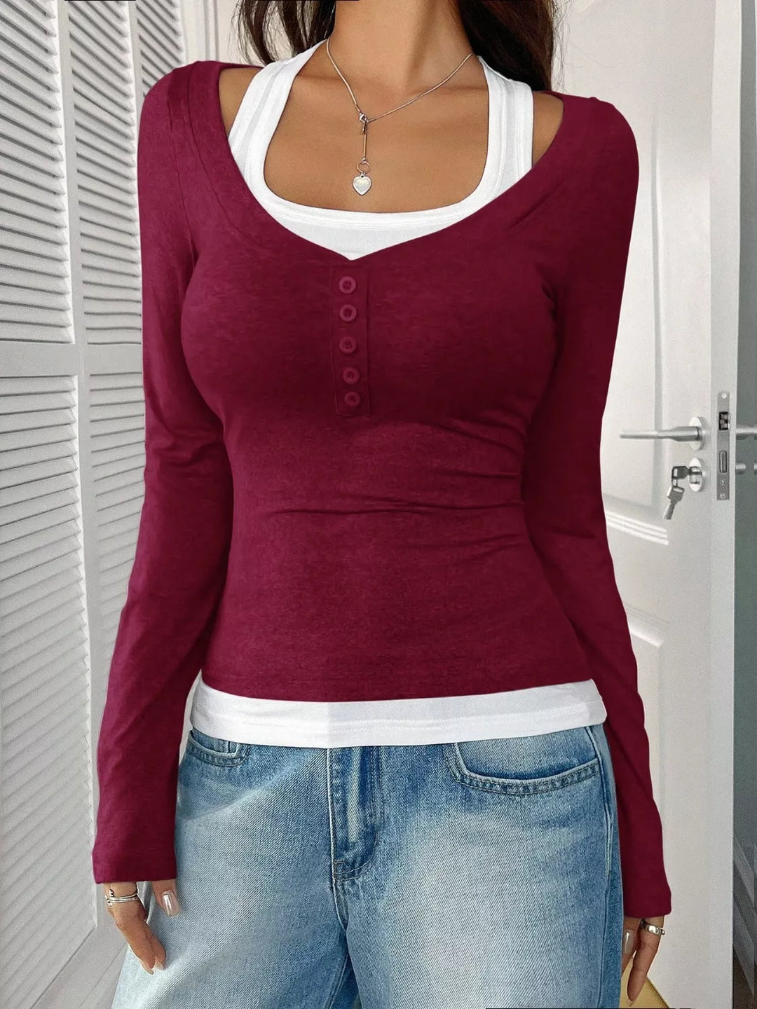 Fake two-piece contrast long sleeve henley top