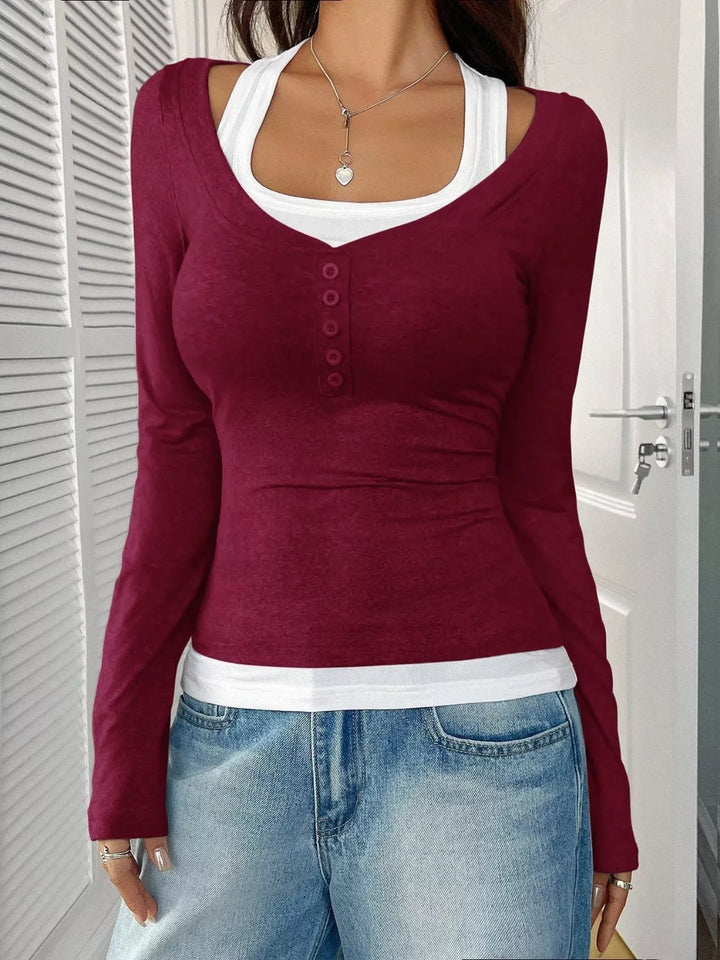 Fake two-piece contrast long sleeve henley top