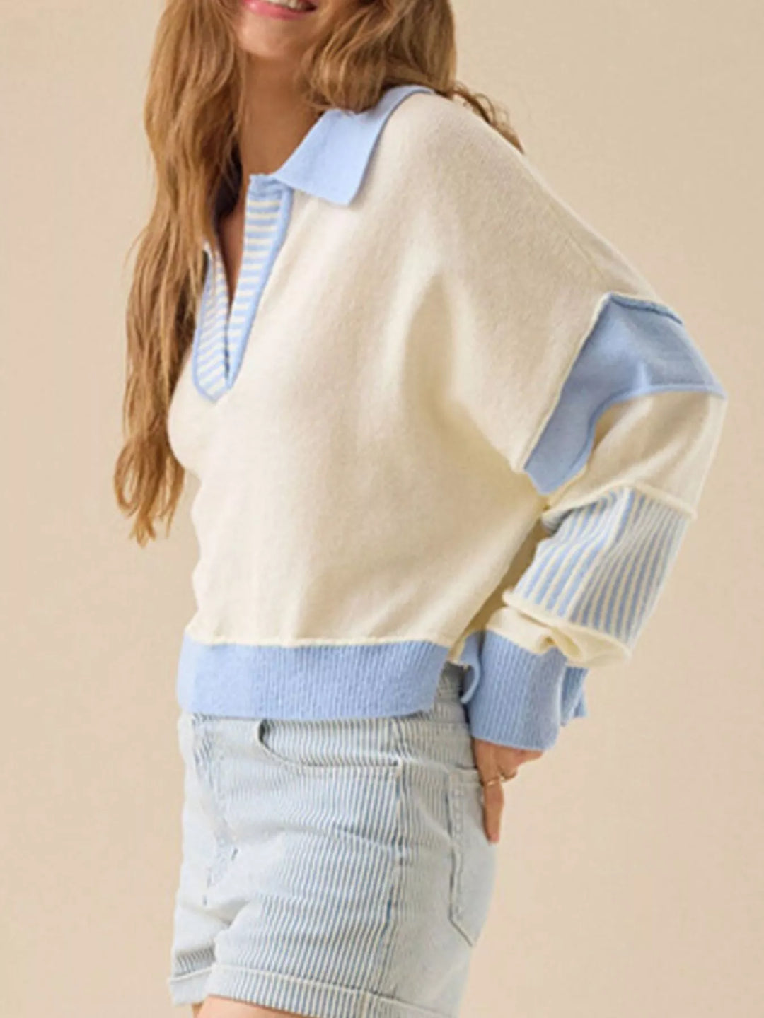 Color-block dropped-shoulder collared knit sweater