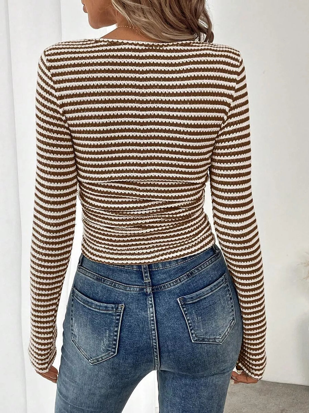 Striped square neck long sleeve knit top
