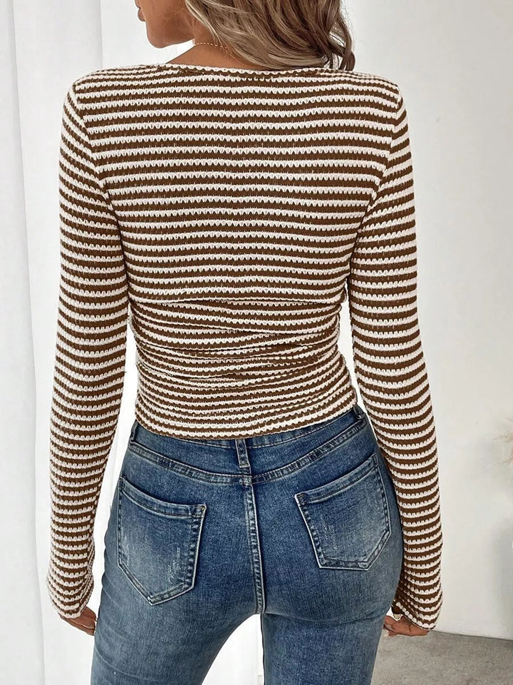 Striped square neck long sleeve knit top