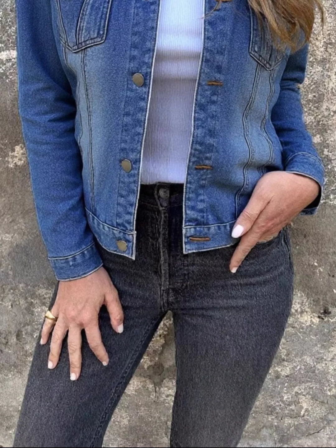 Button-front long sleeve denim jacket with chest flap pockets