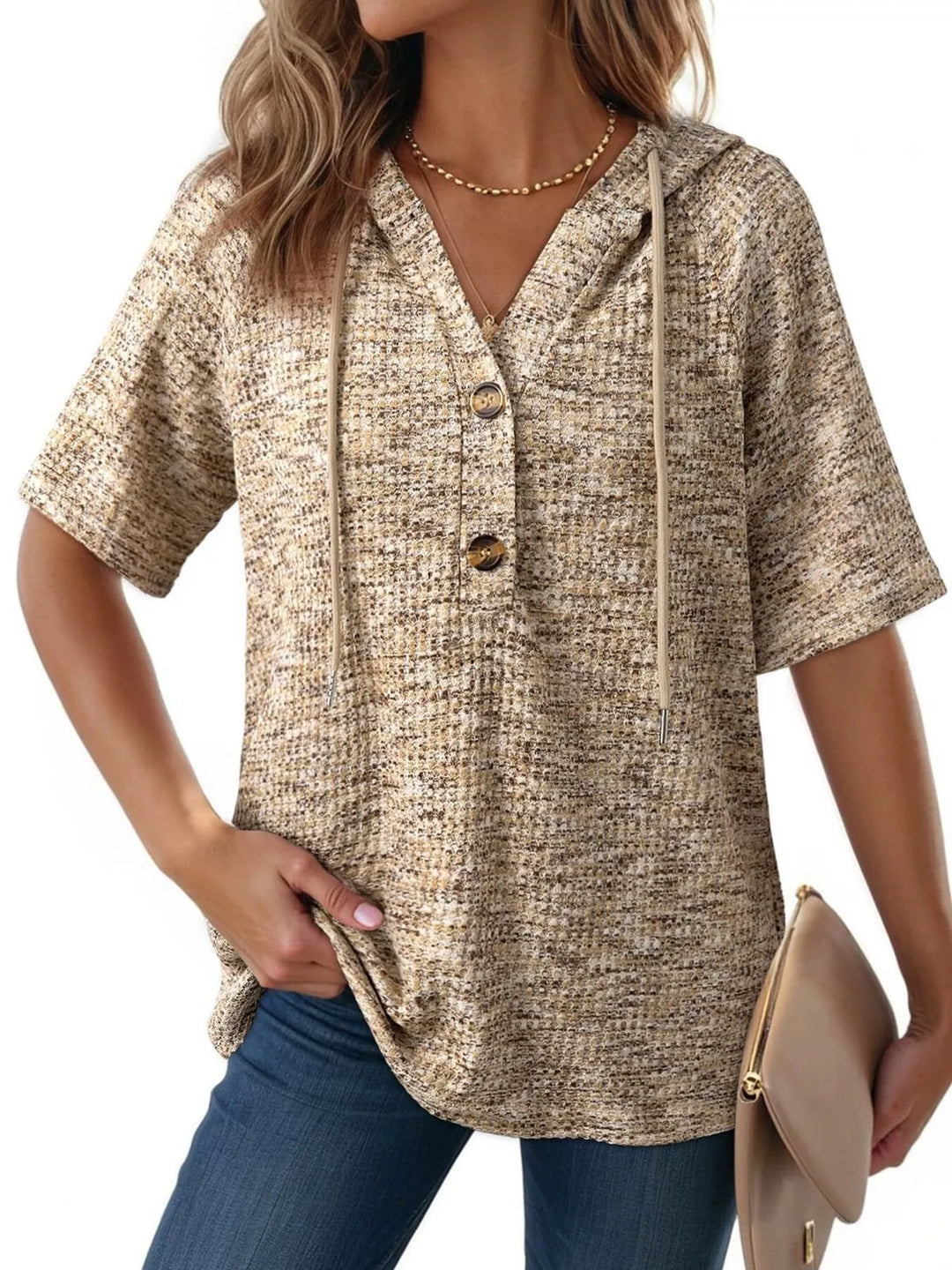 Apricot Waffle knit hoodie top with button placket and drawstring