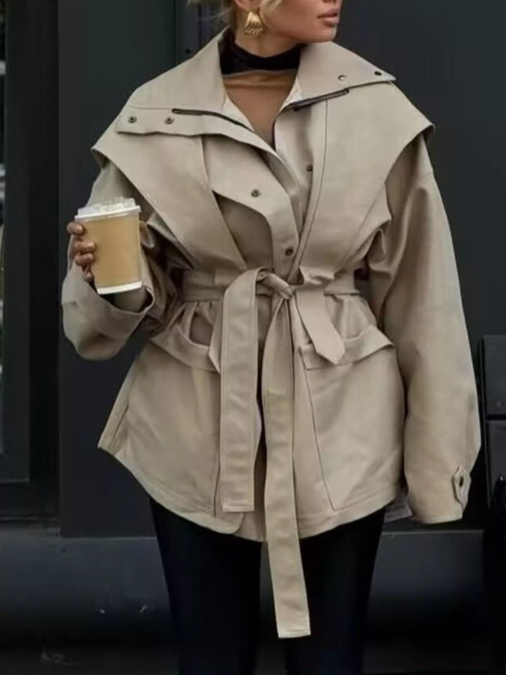 Oversized collar tie-waist snap-front trench coat