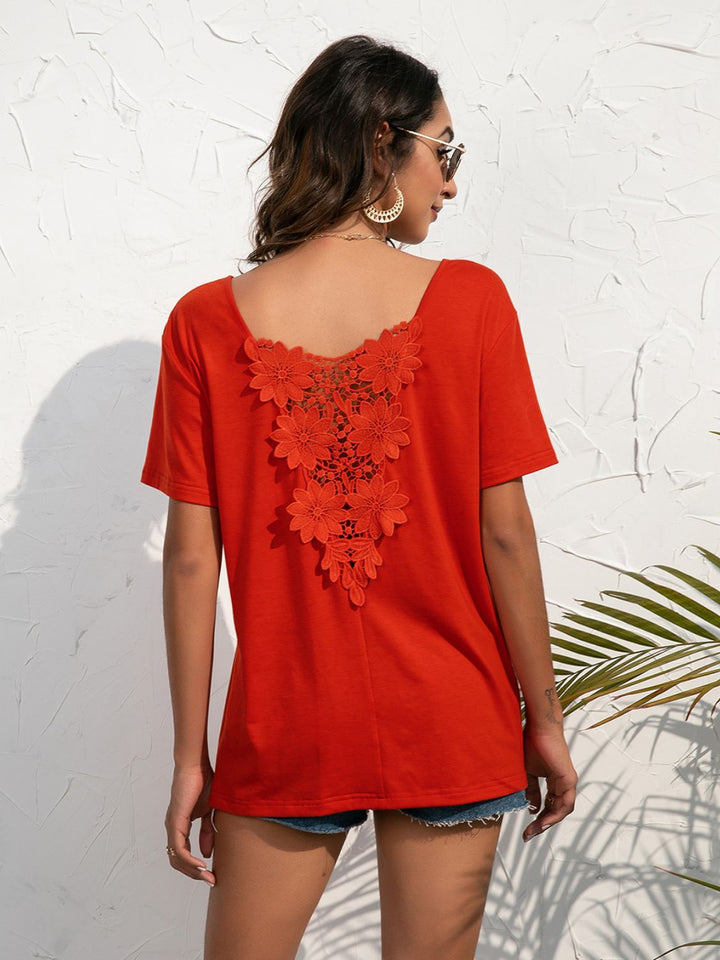 Red Orange Floral crochet lace back short sleeve top
