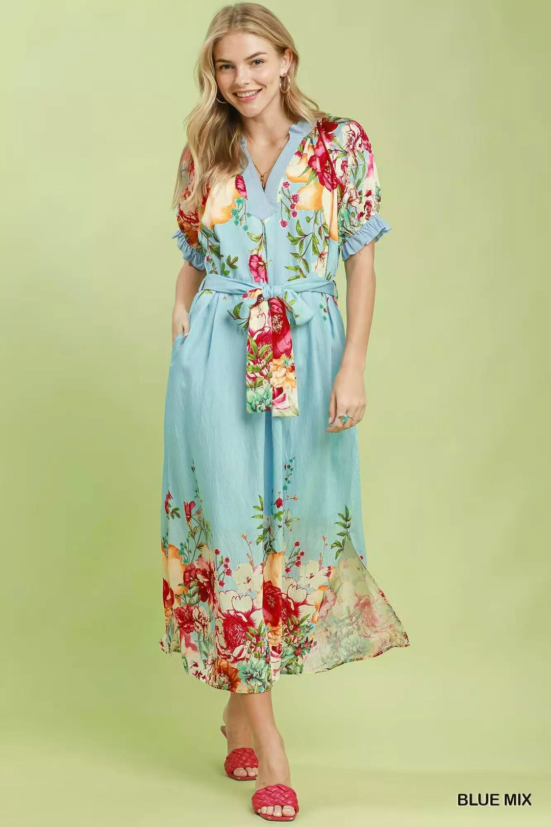 Mixed floral border print midi dress with tie belt