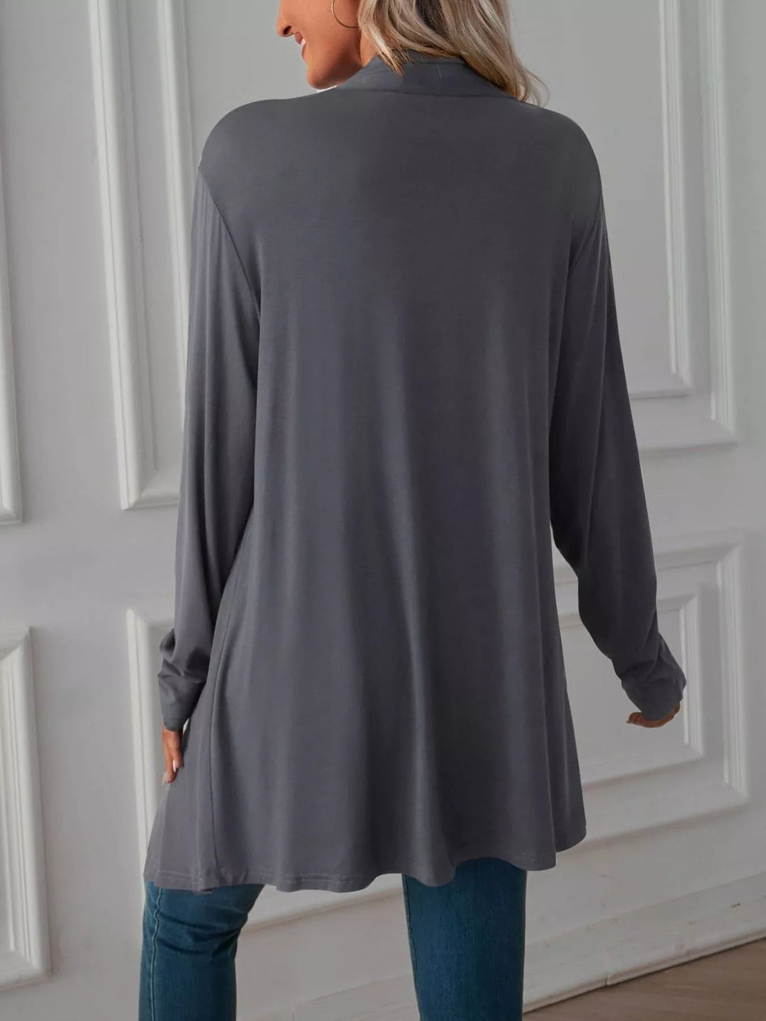 Lightweight open front cardigan with draped waterfall hem