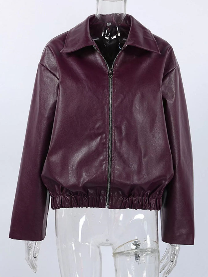 Oversized faux leather zip-up bomber jacket
