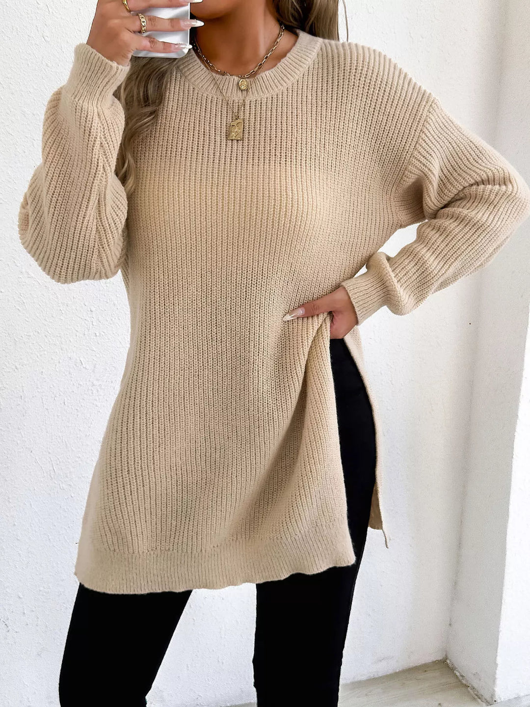 Side-slit ribbed knit tunic sweater with drop shoulders