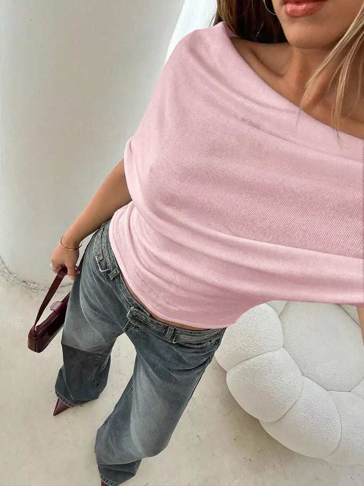 Off-shoulder ruched ribbed knit short-sleeve top