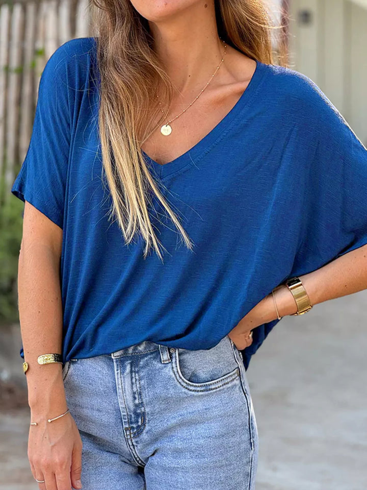 Relaxed v-neck heathered jersey tee with batwing sleeves