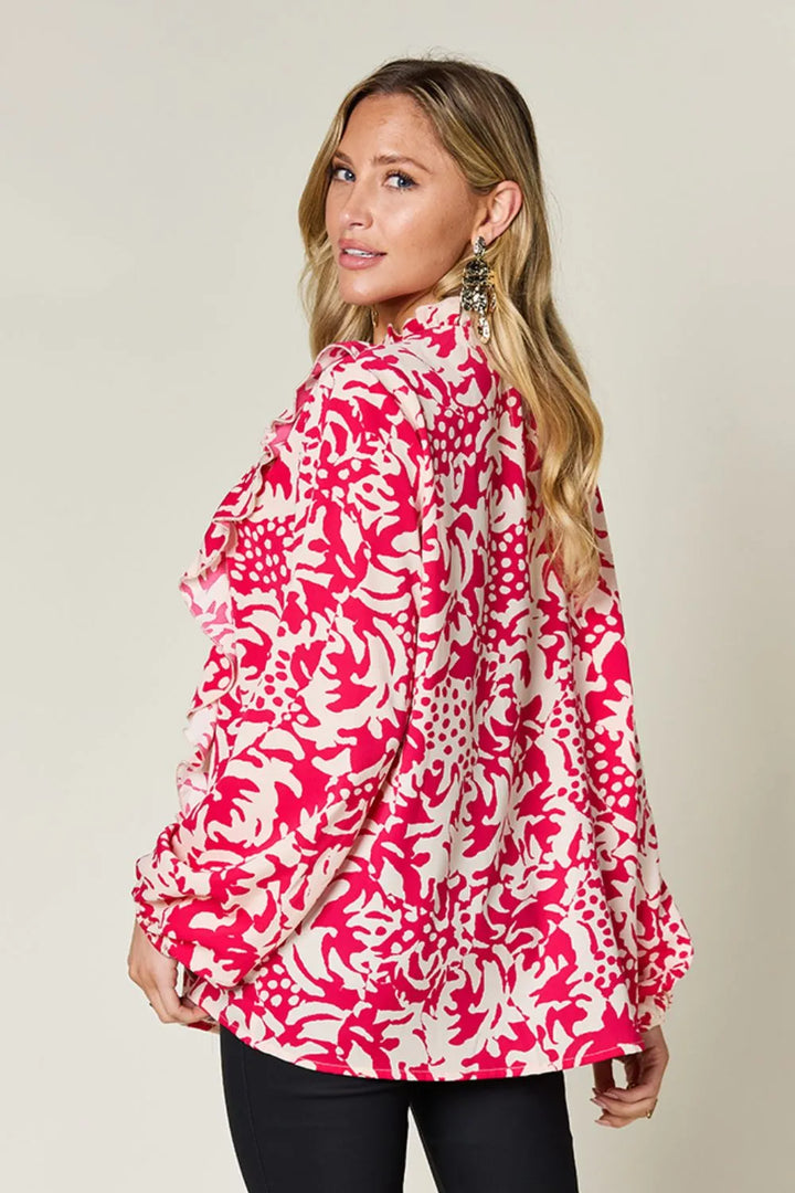 Printed balloon sleeve button-down shirt with ruffle trim