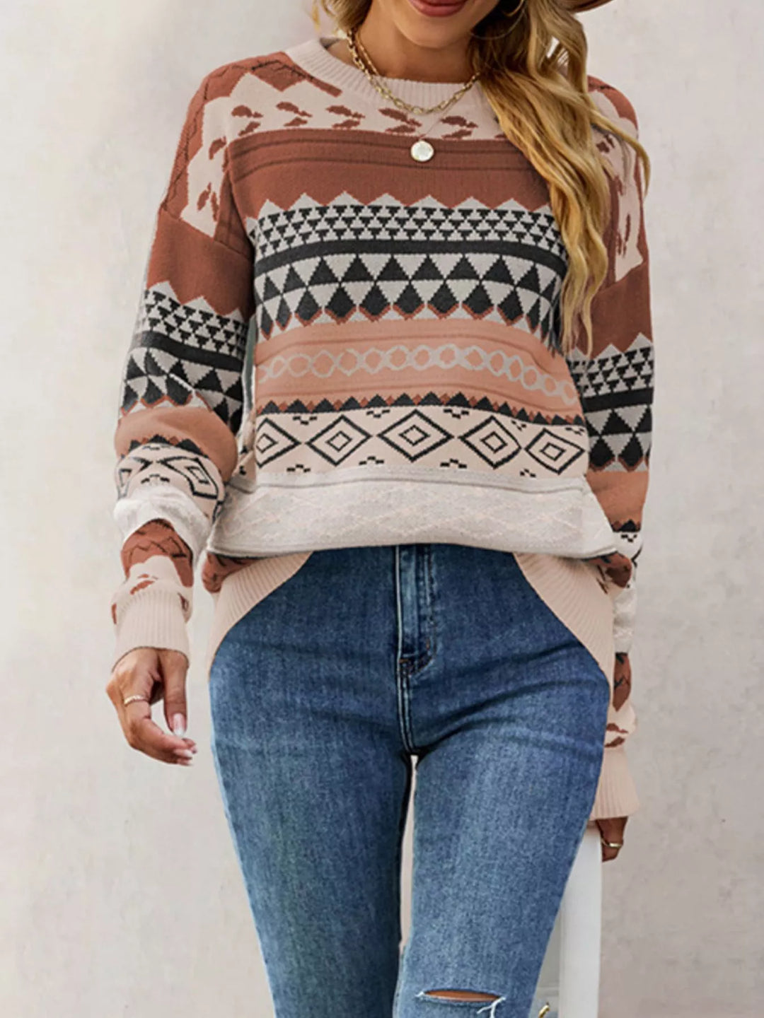 Khaki Geometric drop shoulder knit sweater with ribbed cuffs