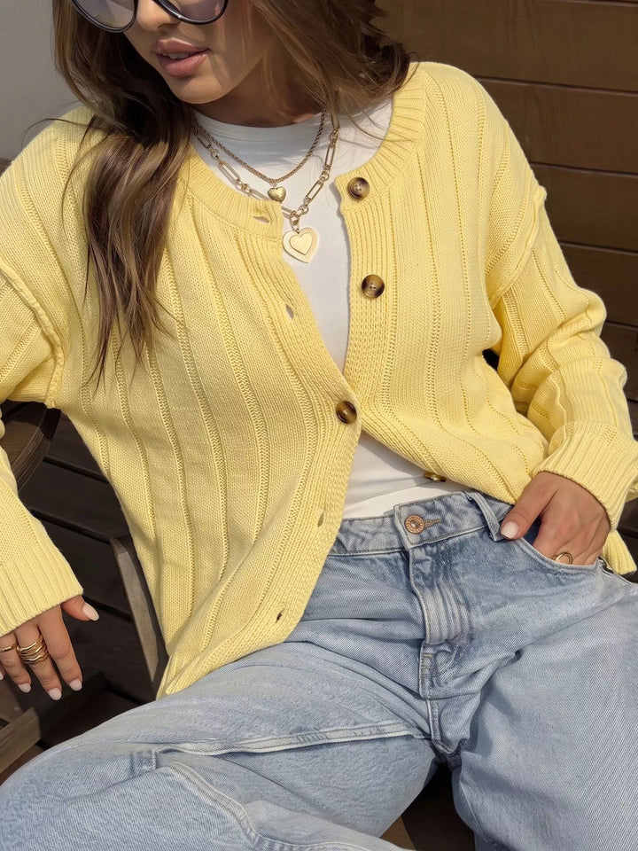 Ribbed knit button-front cardigan with dropped shoulders