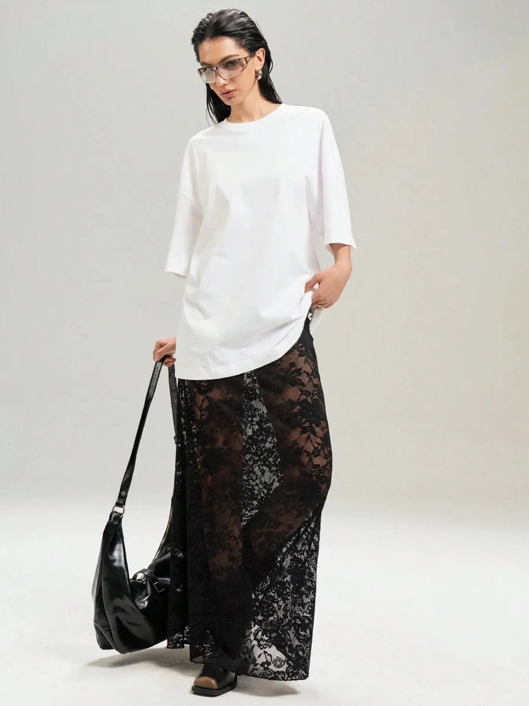 Sheer floral lace maxi skirt with stretch