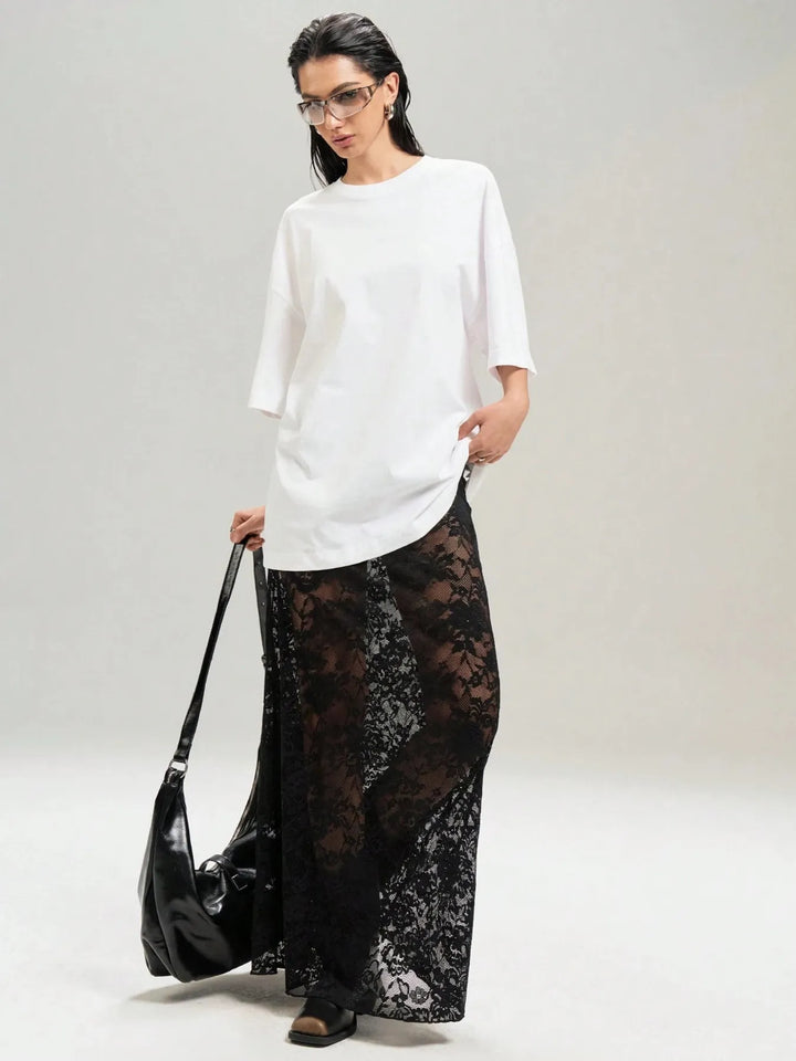 Sheer floral lace maxi skirt with stretch