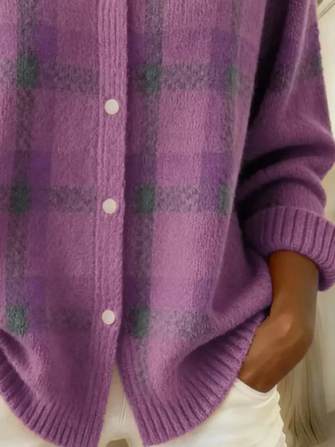 Plaid button-down knit cardigan with ribbed cuffs and hem
