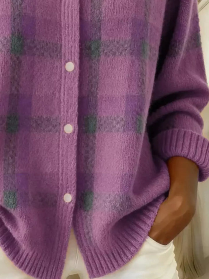 Plaid button-down knit cardigan with ribbed cuffs and hem