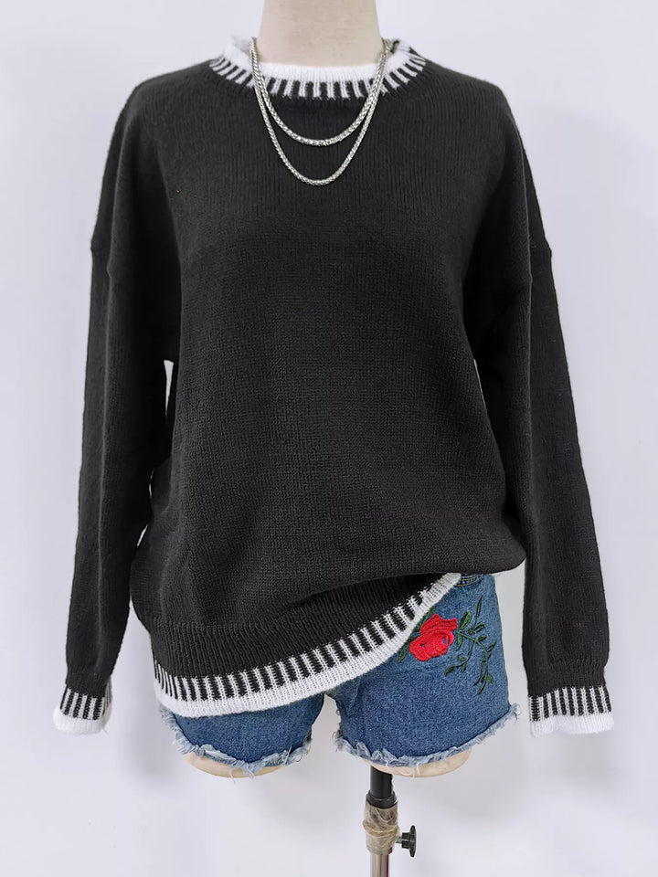 Contrast whipstitch trim drop shoulder crew neck sweater