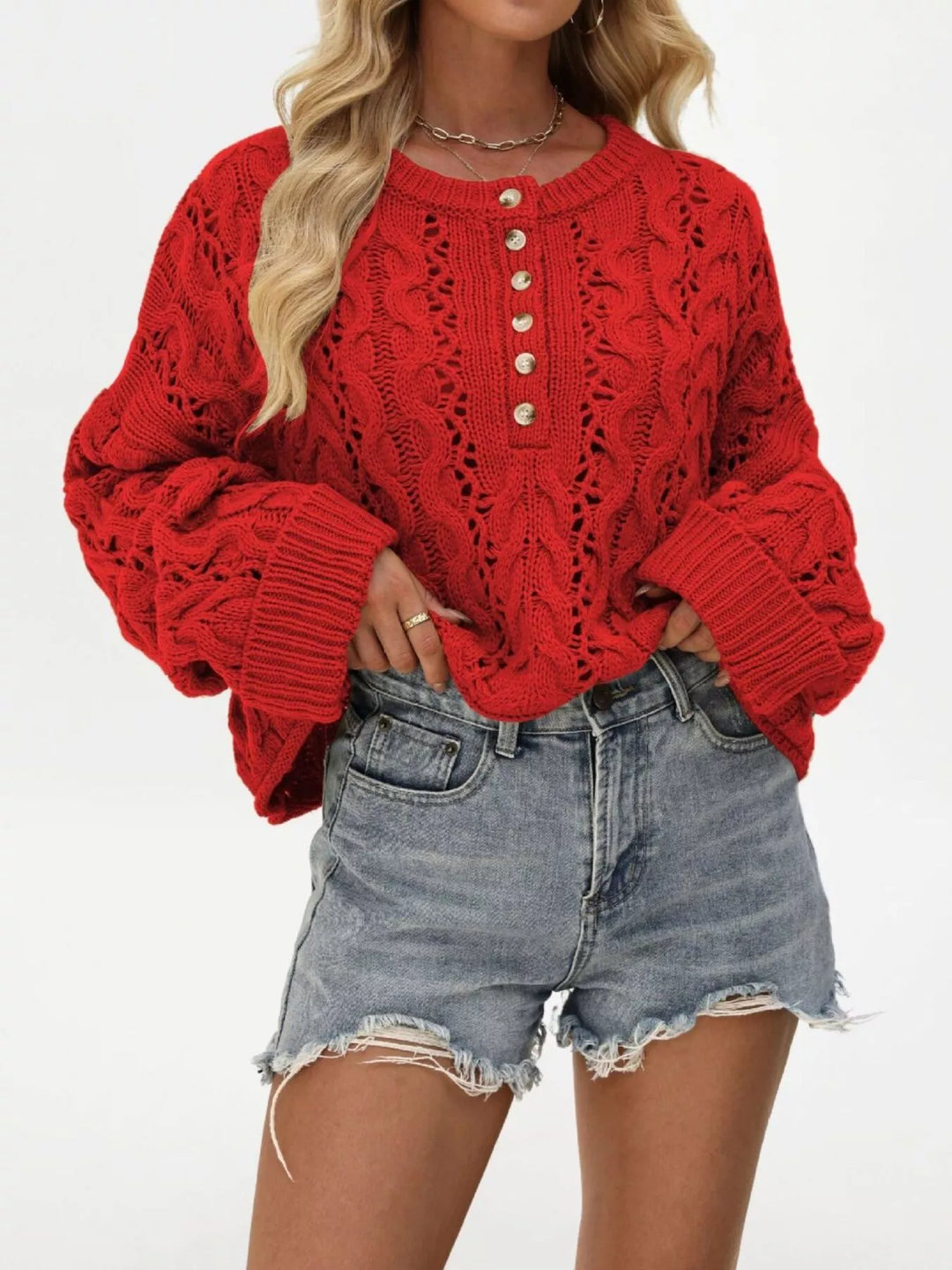 Openwork cable knit henley sweater with drop shoulders