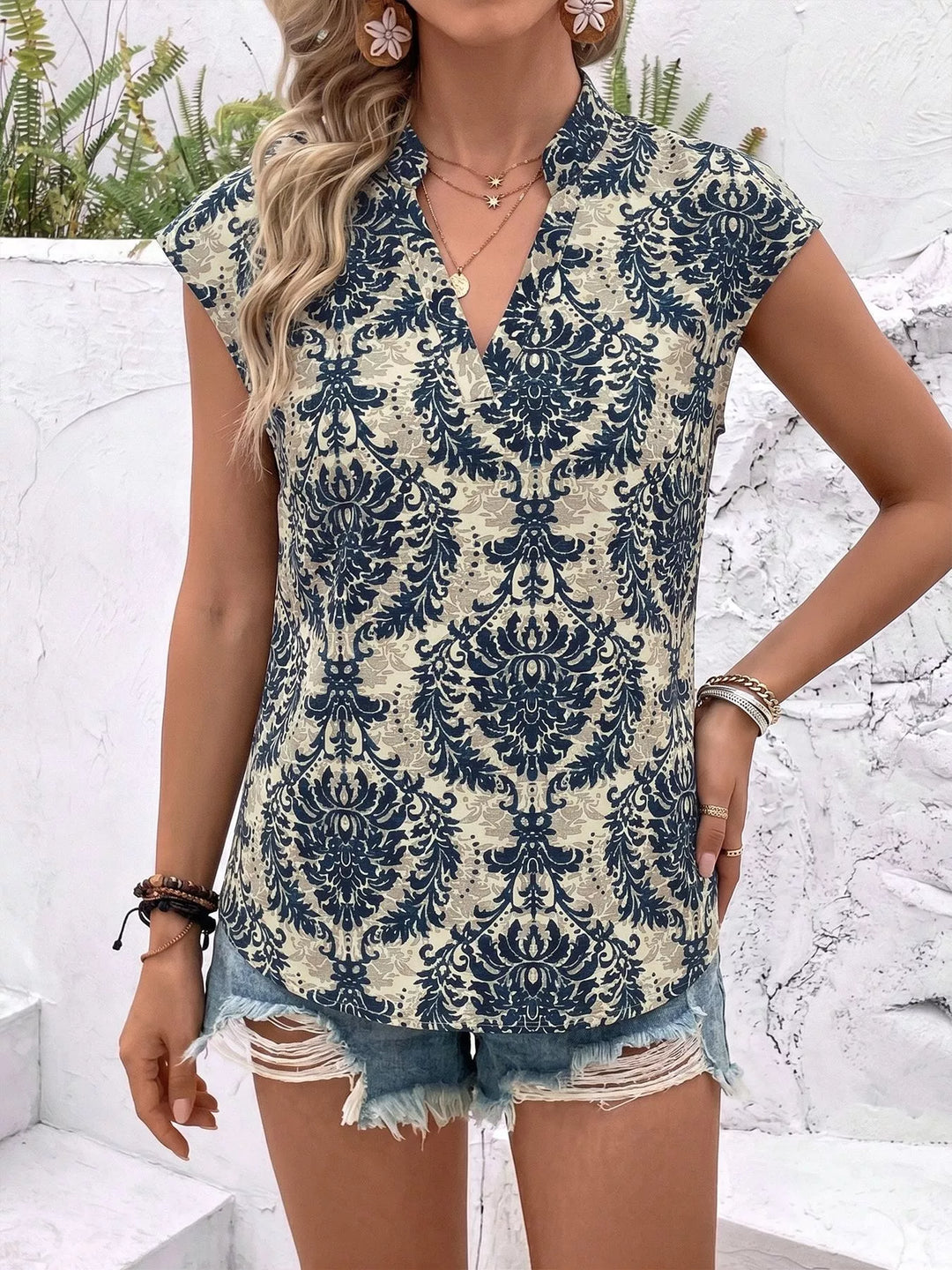 Baroque damask print cap sleeve V-neck blouse