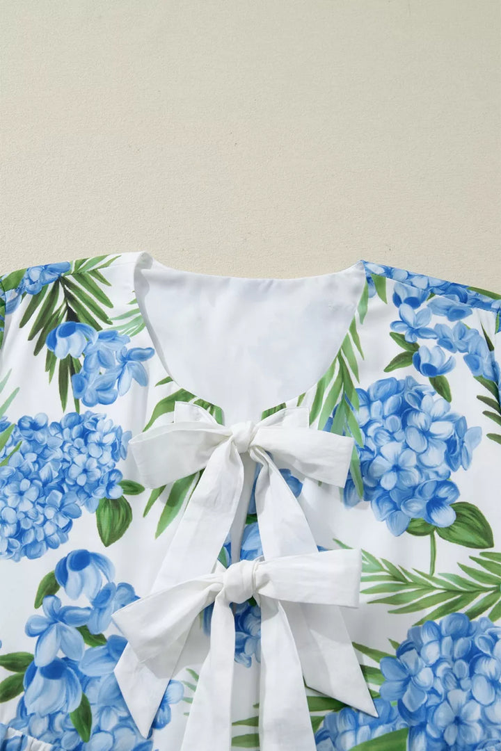 Floral print tiered bell sleeve mini dress with bow