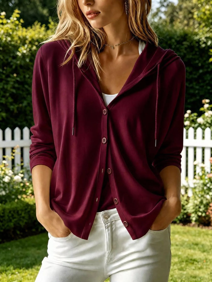 Burgundy Hooded button-front knit cardigan with drawstring