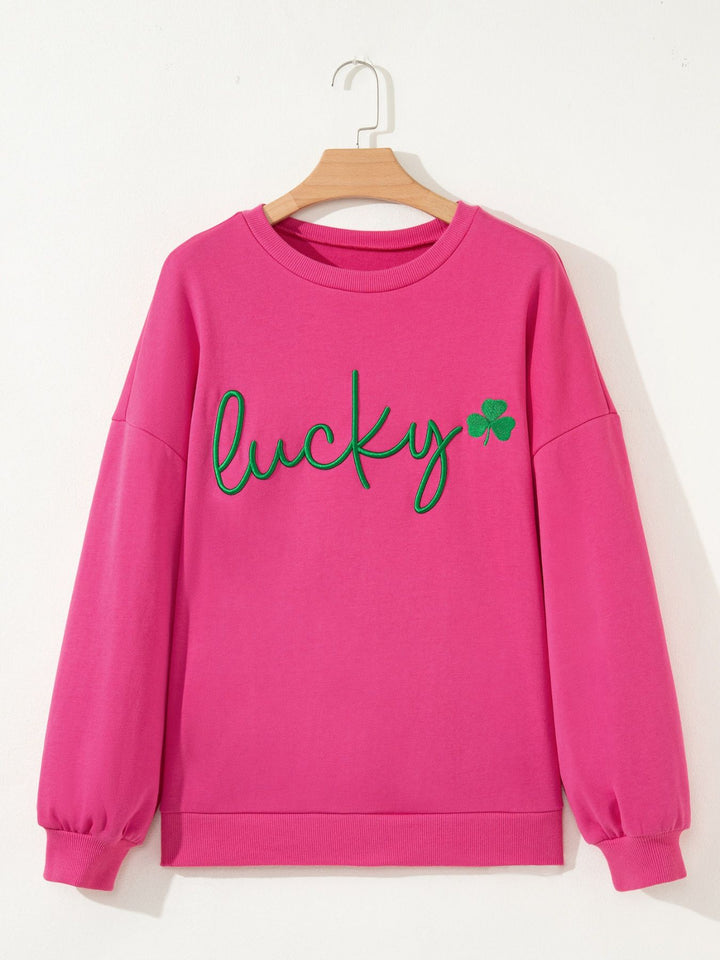 Embroidered lucky clover crewneck pullover sweatshirt
