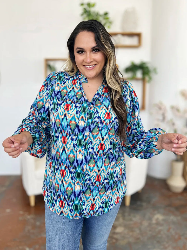 Abstract print balloon-sleeve button-down blouse