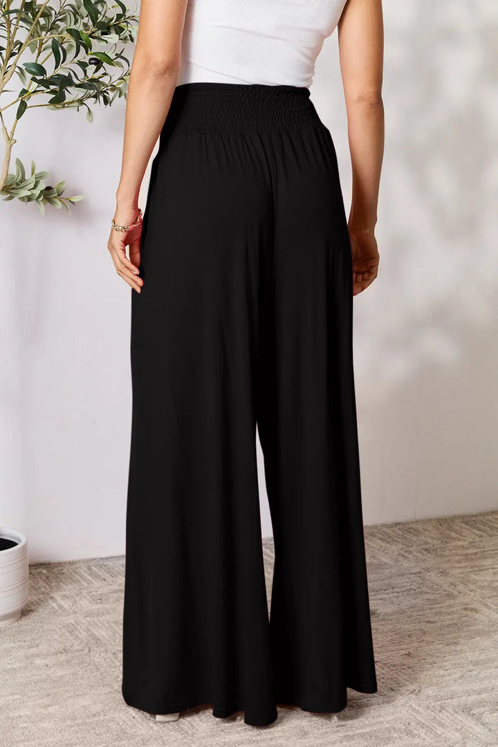 Smocked wide-waistband wide-leg jersey pants with pockets