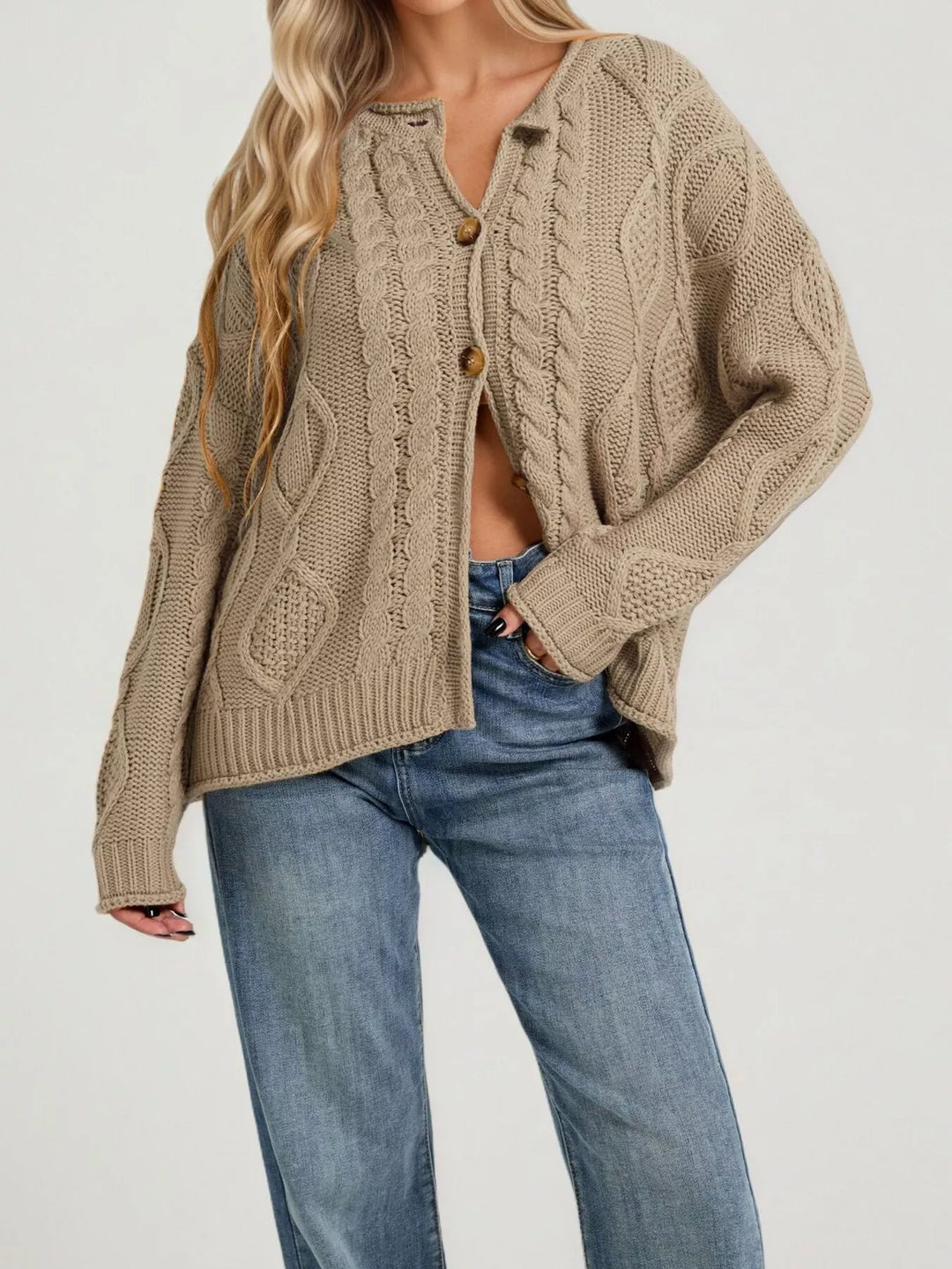 Cable-knit button-down cardigan with ribbed trim
