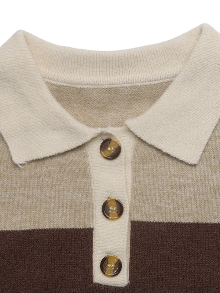 Color block polo collar sweater with button placket