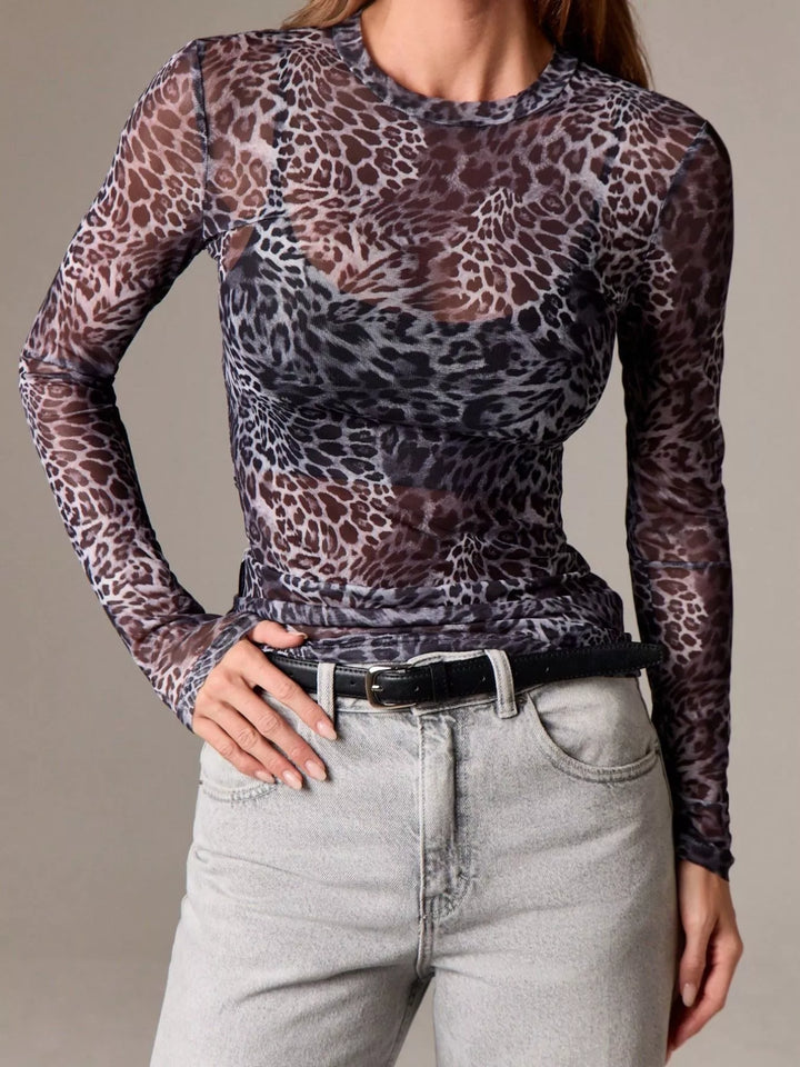 Sheer leopard mesh crew neck long sleeve top