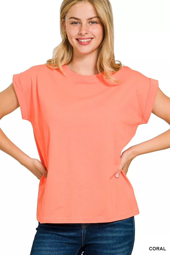 CORAL Folded short sleeve round neck cotton tee