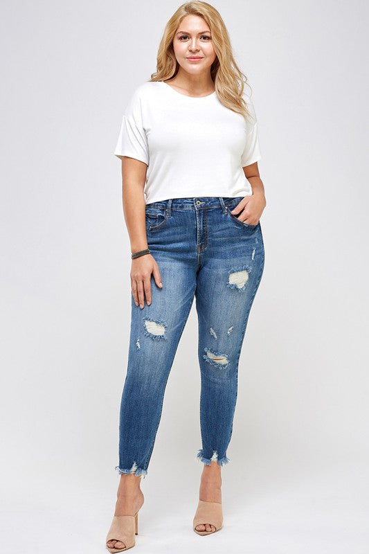 Distressed Diva High Rise Ankle Skinny Jeans in DARK - lace, denim - front view