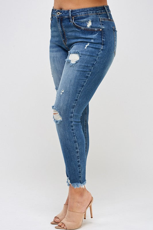 Distressed Diva High Rise Ankle Skinny Jeans in DARK - lace, denim - detail view