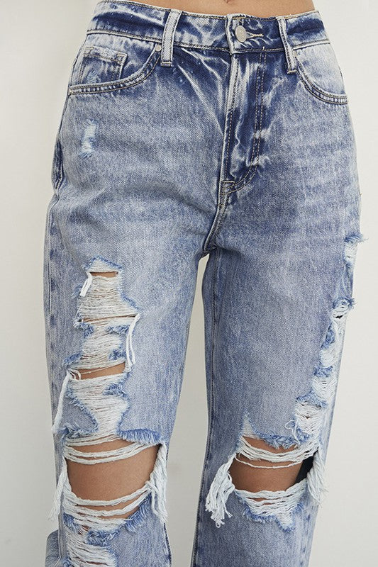 Distressed High-Rise Relaxed Boyfriend Jeans in LIGHT - high waist, lace - view 10